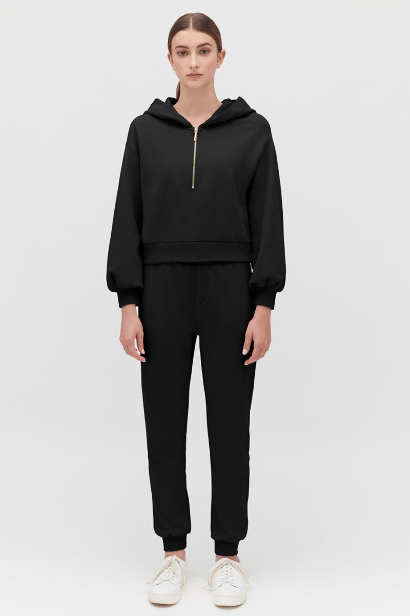 Női Cuyana Fleece Cropped Zip Kapucnis Pulóver Fekete | ZUO6658ON