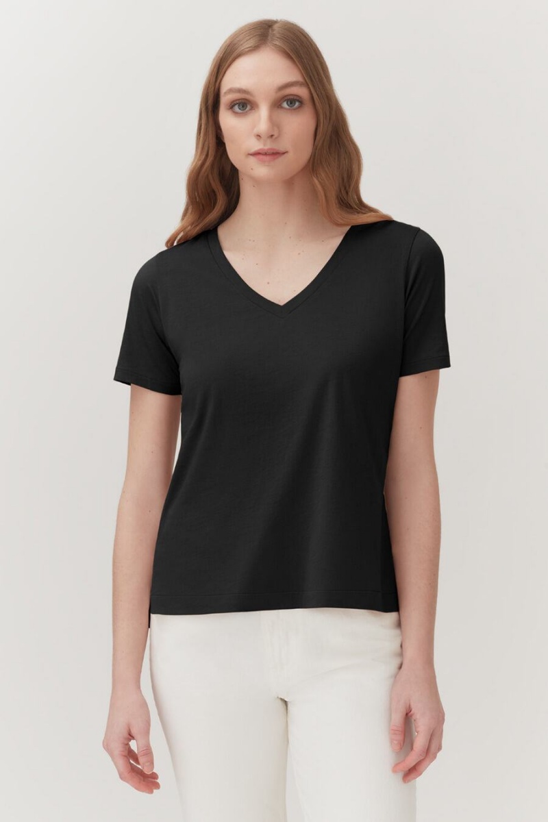 Női Cuyana Pima V-Neck Tee Póló Fekete | HLF640NV