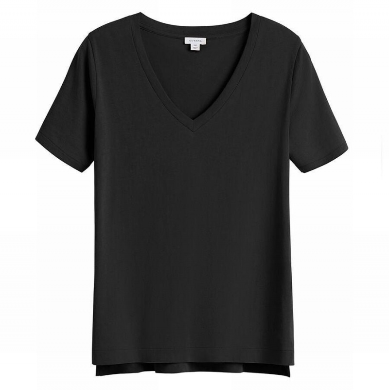 Női Cuyana Pima V-Neck Tee Póló Fekete | HLF640NV