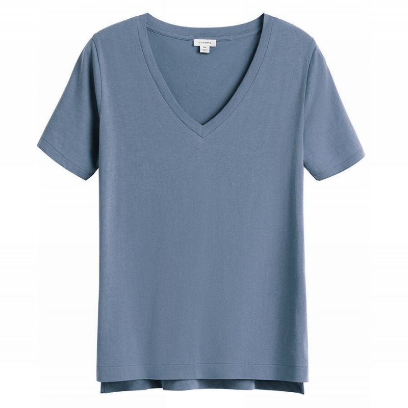 Női Cuyana Pima V-Neck Tee Póló Kék | QMG8559CP