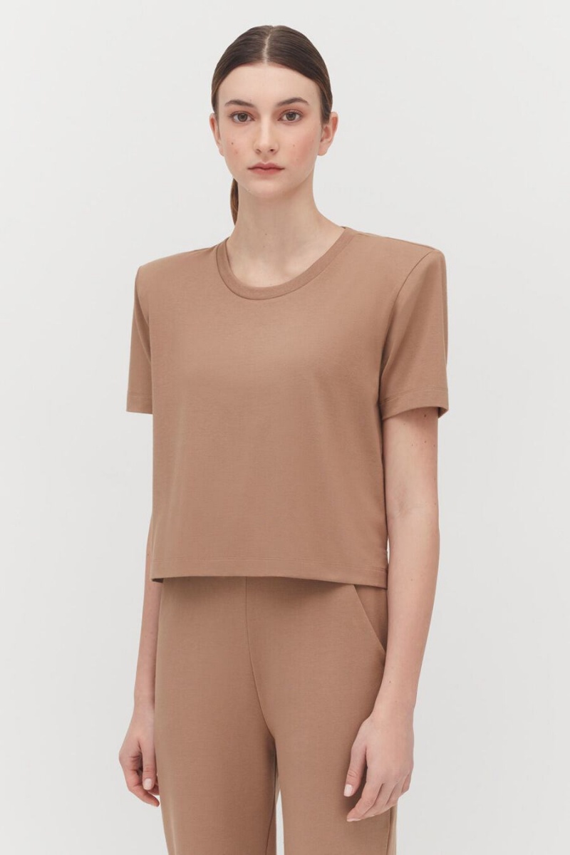 Női Cuyana Párnázott Shoulder Cropped Tee Póló Khaki | RWK8145FK