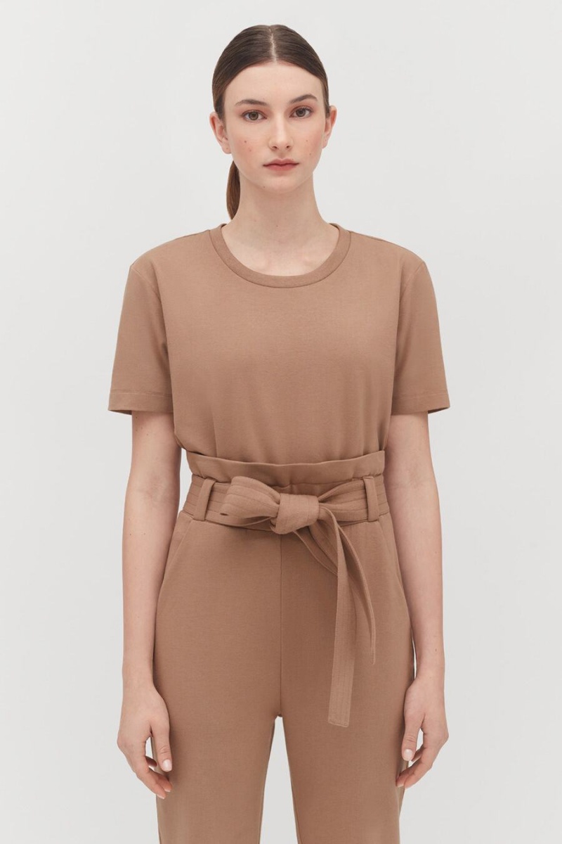 Női Cuyana Párnázott Shoulder Cropped Tee Póló Khaki | RWK8145FK