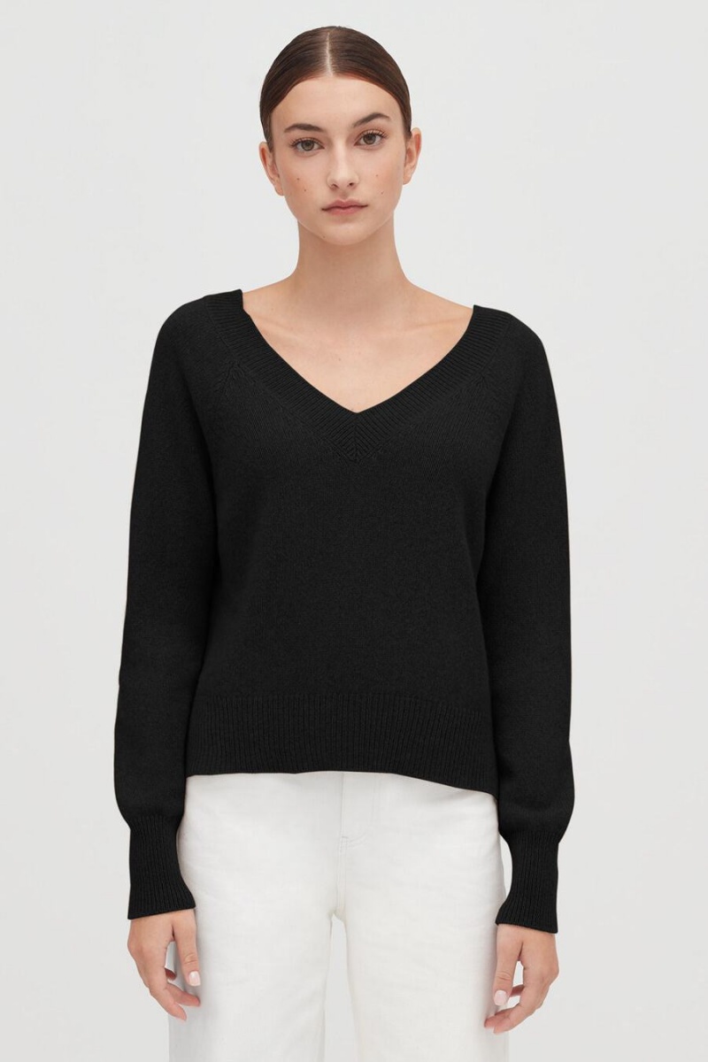 Női Cuyana Recycled Cashmere Deep V-Neck Pulóverek Fekete | XIK6879TX