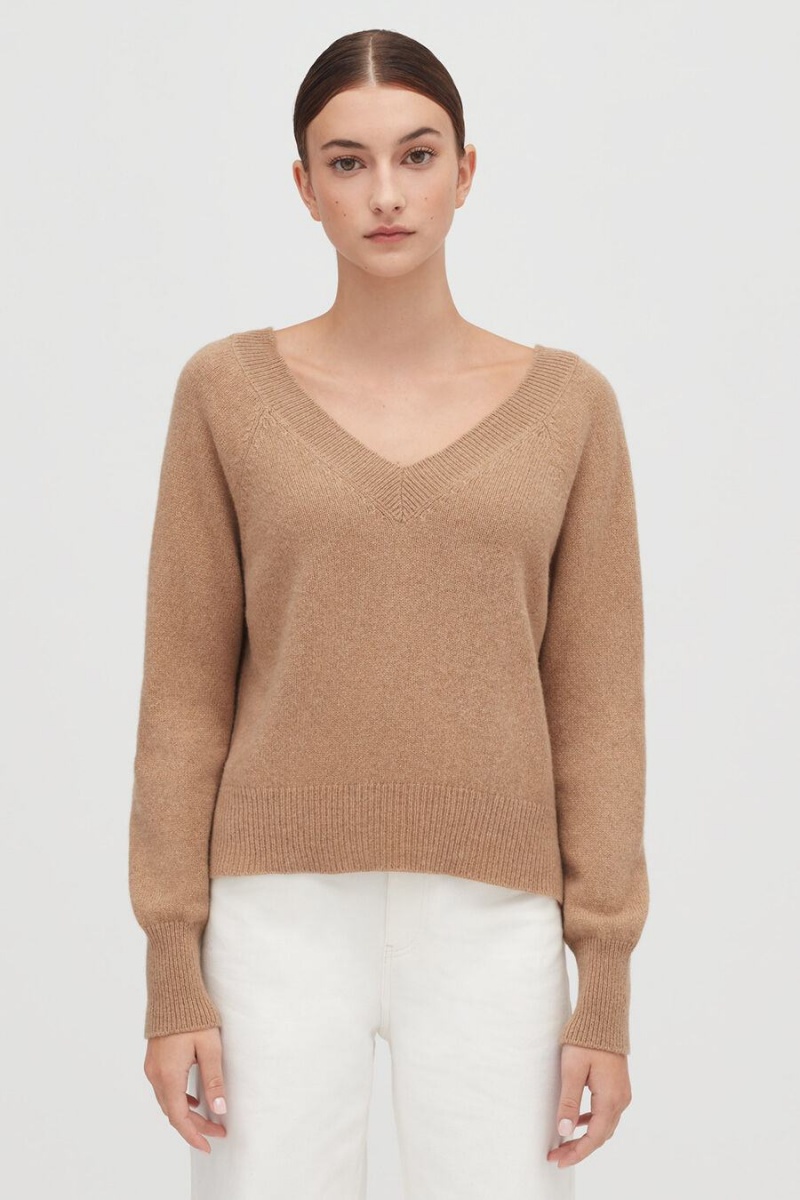 Női Cuyana Recycled Cashmere Deep V-Neck Pulóverek Barna | KJI9756ZE