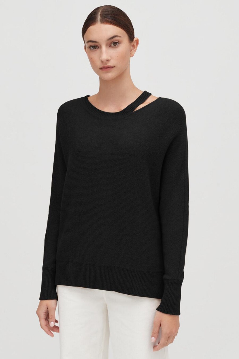 Női Cuyana Recycled Cashmere Split-Neck Pulóverek Fekete | OWJ3227GD