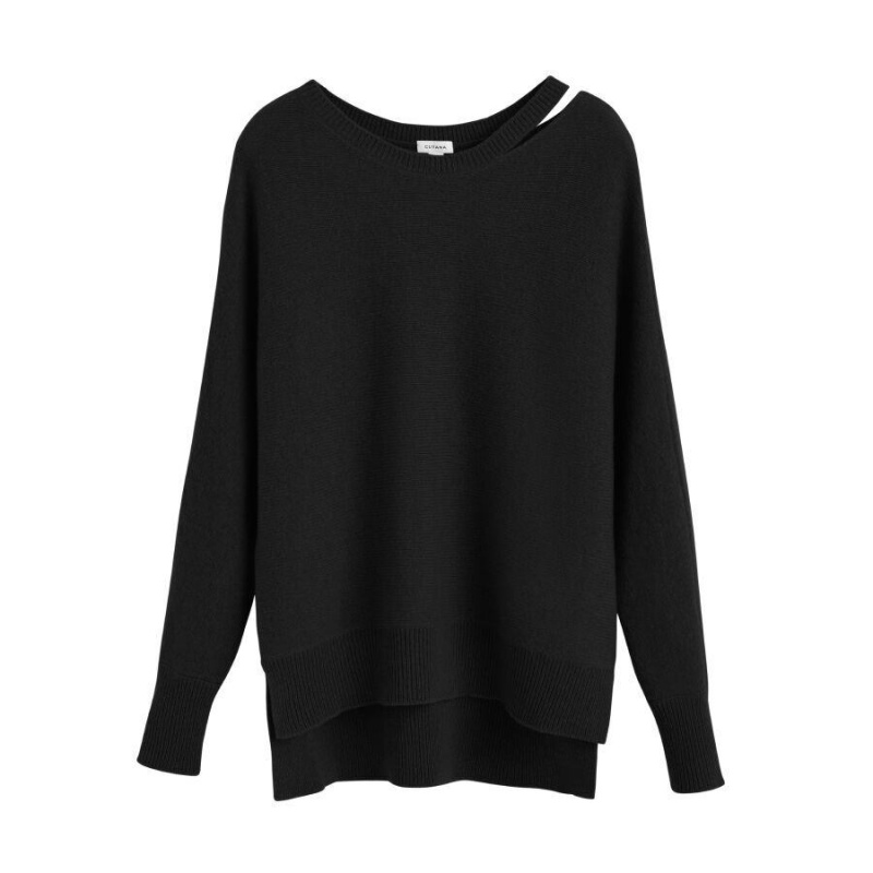 Női Cuyana Recycled Cashmere Split-Neck Pulóverek Fekete | OWJ3227GD