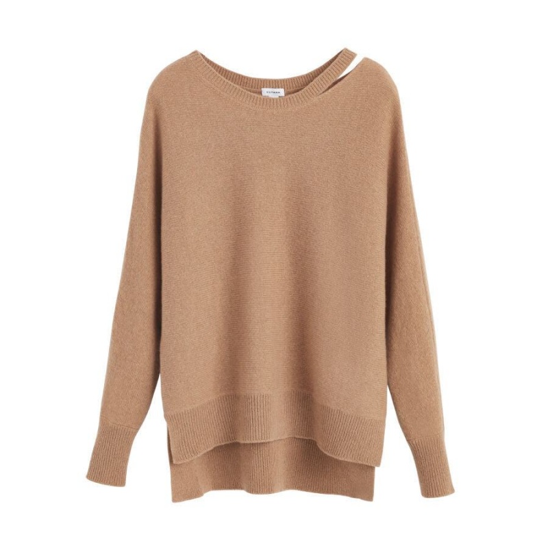 Női Cuyana Recycled Cashmere Split-Neck Pulóverek Barna | VWZ1188OR