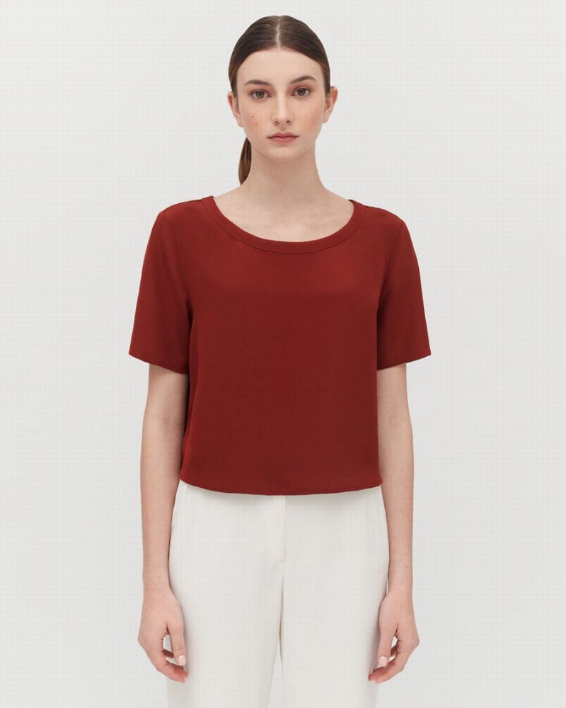 Női Cuyana Silk Cropped Crewneck Tee Póló Sötétpiros | SHB7295IV