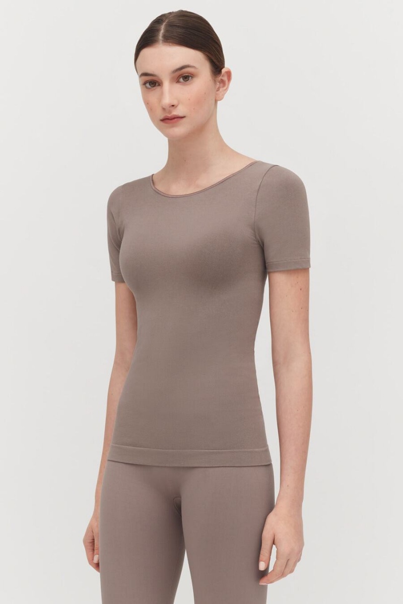 Női Cuyana Stretch Scoop Neck Tee Póló Világos Barna | CZI4116XS