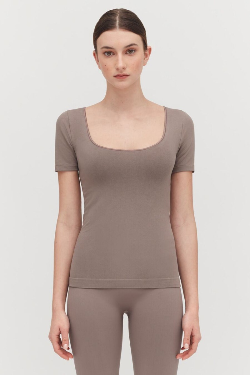 Női Cuyana Stretch Scoop Neck Tee Póló Világos Barna | CZI4116XS